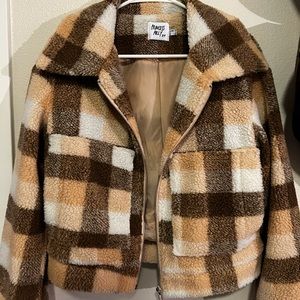 Princess Polly Doria Jacket Beige- faux fur checker print